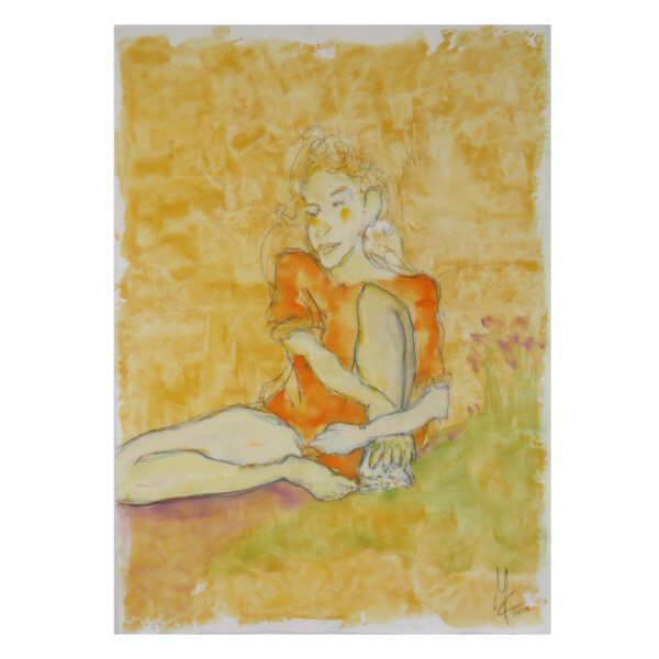 Donna Seduta Sul Prato Con I Fiori Accanto